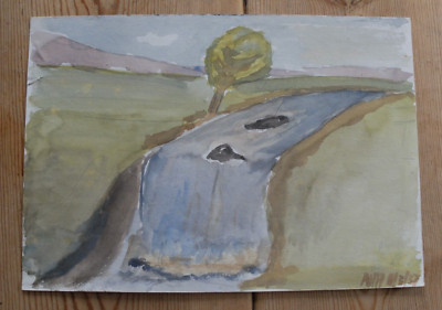 Naives Aquarell Gemälde eines Flusses / Wasserfalls von A.H. Head 1937
