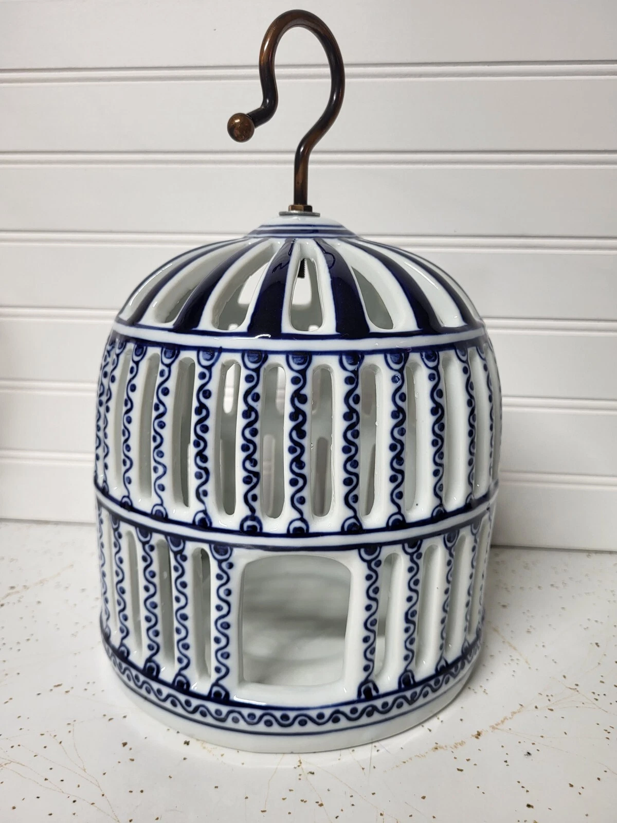 Vintage Victorian Blue & White Porcelain Bird Cage Decor