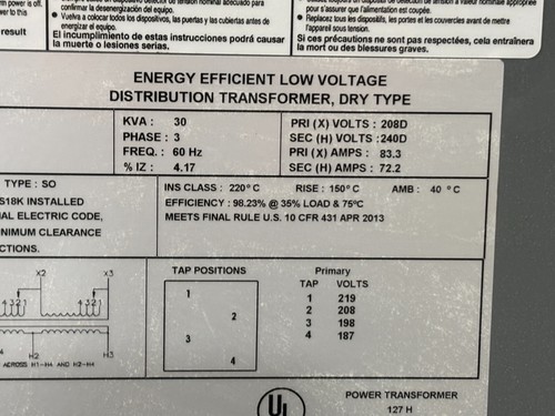 30kVA Square D EX30T3008HCT Dry Type Transformer 208V Pri 240V Sec 3Ph 60Hz New - Picture 6 of 10