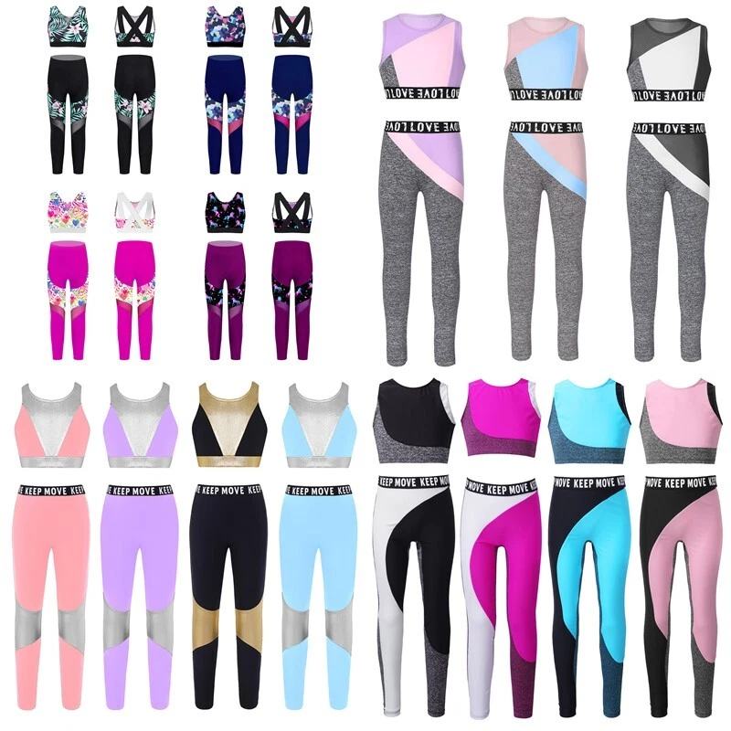 Kids Girls Fitness Workout Outfits Crop Tops Athletic Leggings Suit Running  Set