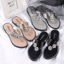 Women Bling Rhinestone flower Slide Flat Jelly Sandal Flip Flops Thong Open Toe