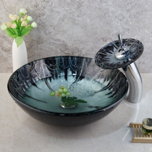 Round Tempered Glass Bowl Vessel Sink Basin Waterfall Mixer Chrome Faucet Tap