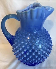 Vintage Fenton art glass sapphire blue opalescent hobnail ice lip pitcher "RARE"