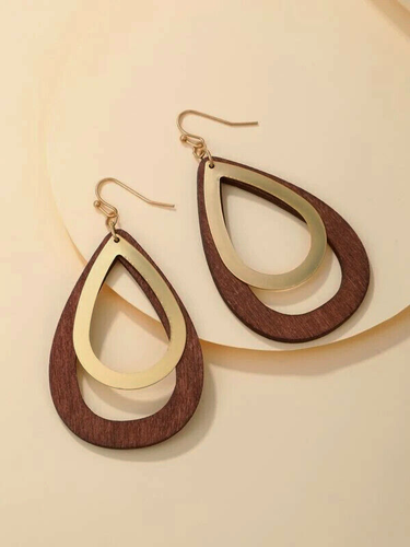 NEW Wood Gold Layer Earrings Drop Dangle Teardrop Fashion