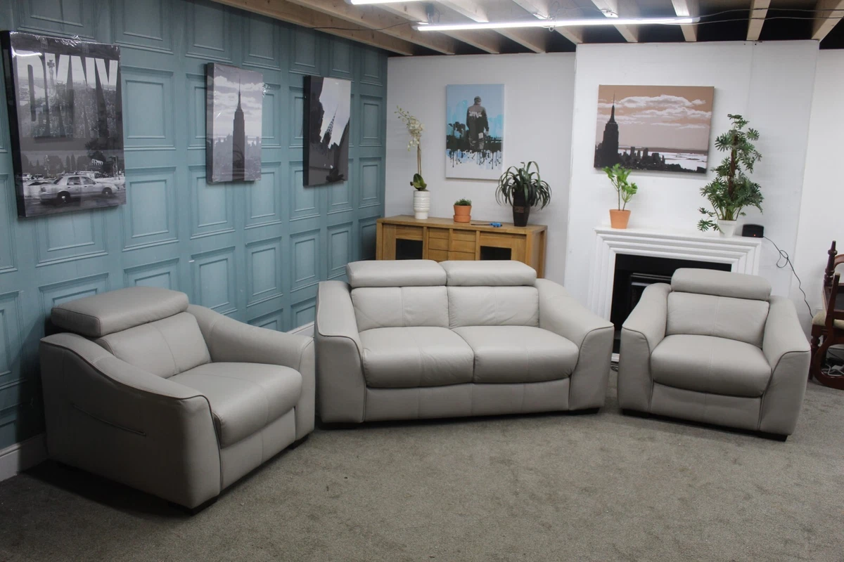 FURNITURE VILLAGE ELIXIR STATIC 2 SEATER SOFA 2x CHAIRS FEATHER GREY LEATHER