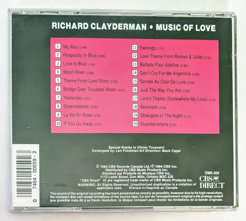 Richard Clayderman – Music Of Love (20 Piano Favourites) (1990) - Canada CD VG+ - Image 3 of 4