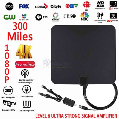 Long Range HDTV Indoor Flat Antenna Amplified VHF UHF Digital TV HD 300 ...