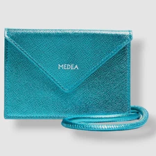 $236 Medea Women's Blue Mini Saffiano Leather Lanyard Necklace Purse Wallet Bag