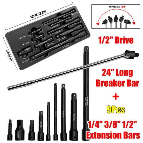 9pcs 1/4" 3/8" 1/2" Impact Extension Bar Set + 1/2" Drive 24 inch BREAKER BAR