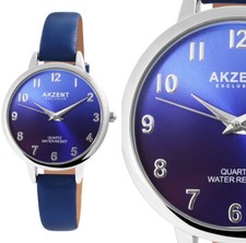 Damen Frauen Uhr edel Blau Silber Kunstleder Armband Quarz NEU 190/233 AKZENT