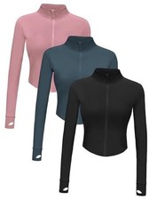 3 Pack Womens Cropped Full Zip up Workout Jacket Medium 1 Black 1 Pink 1 Blue