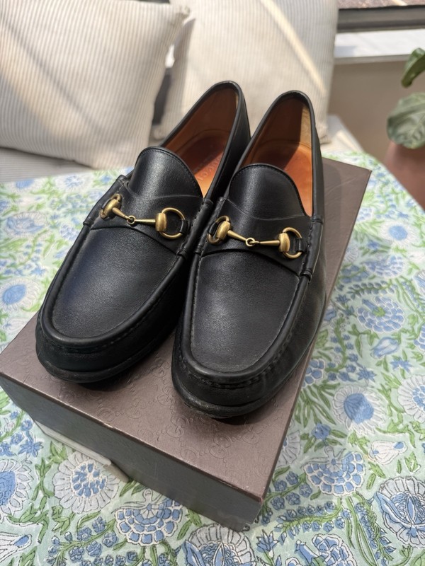 Gucci Men’s Black Leather Horsebit Loafer Slip-On Shoes US 10.5