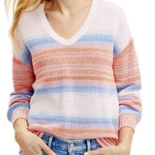 NEW Ann Taylor LOFT V-Neck Sweater Size Small Pink Pastel Multi Stripe Pullover