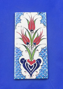 Vintage Iznik Altin CINI Turkish Pottery TILE Blue Red Tulip Flowers 8"x3.9"