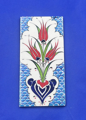 Vintage Iznik Altin CINI Turkish Pottery TILE  Blue Red Tulip Flowers 8''x3.9''
