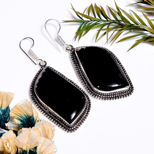 Schwarzer Onyx Edelstein Vintage Handmade Jewelry.925 Silber & Ohrringe 2.3 "