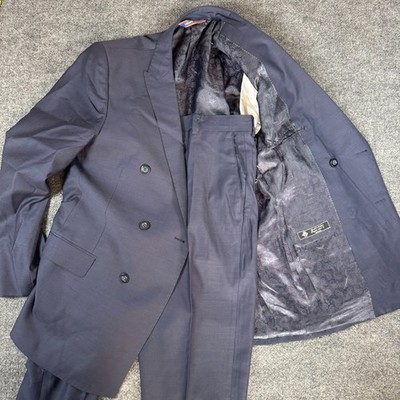 Luciano Carreli Suit Men 38R Navy Blue Super 150s Wool Double Breasted Pleated