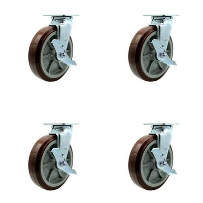 8 Inch Polyurethane Caster Set with Roller Bearings 4 Brake 2 Swivel Lock SCC