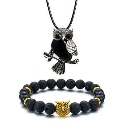 Eule Heilkristalle Halskette & Armband Set - Reiki Spirituelle Energie Edelstein - 02