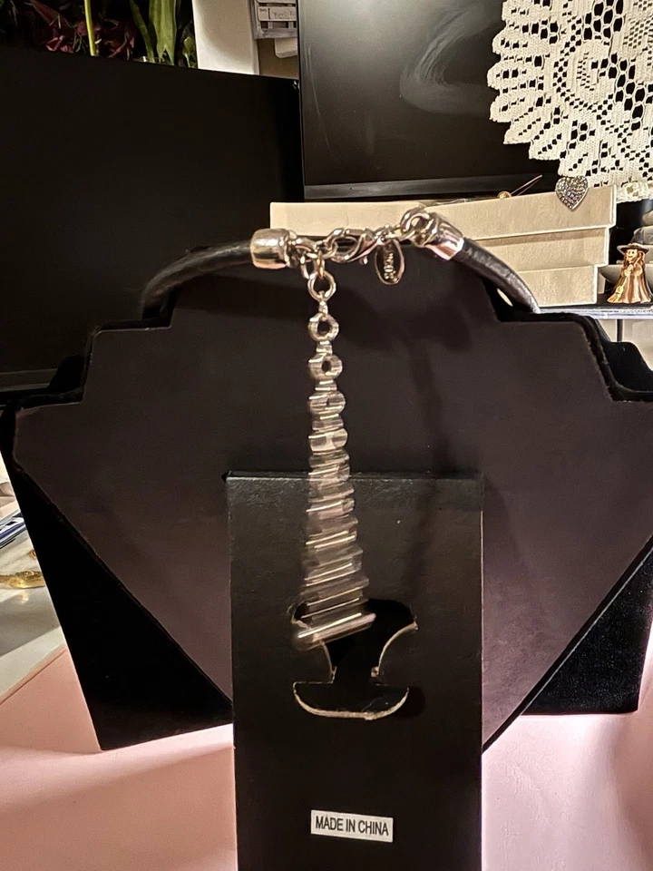 Chicos Pendant Necklace Adjustable Silver Tone w enamel Black Cord Boho 18"-20" - Image 2 of 4