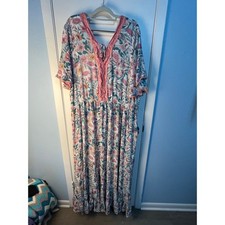 Aveology Maxi Dress Size 30/32W Pink Floral Crochet Lace Crinkle Fabric Boho