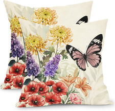 Vintage Floral Throw Pillow Covers 18x18 Inch Set of 2 Spring Summer Butterfly F