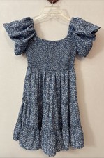 Shein Womens Small Blue Short Pleated Floral Ruffled Puff-Sleeved Dress! A3933