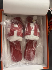 Hermès Red Leather Slide Sandals Women's US 7.5 Logo Accent Casual New with Box