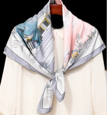 100% Silk 34" Square Scarf Women neckerchief Shawl Wrap floral gray pink HD24-1