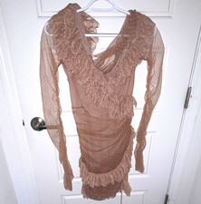 house:cb Sheer Mesh Polka Dot Lace Ruffle Teddy Dress Beige Women M