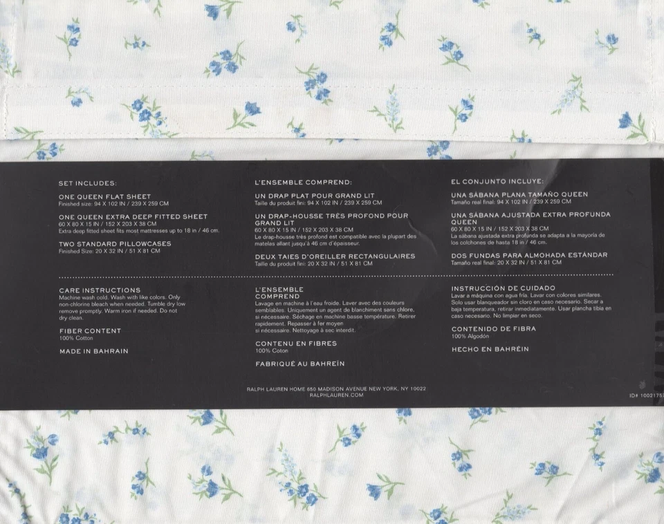 Juego de sábanas Ralph Lauren Queen Linda floral azul 4 piezas verde granja elegante casa de campo Foto 2 de 4