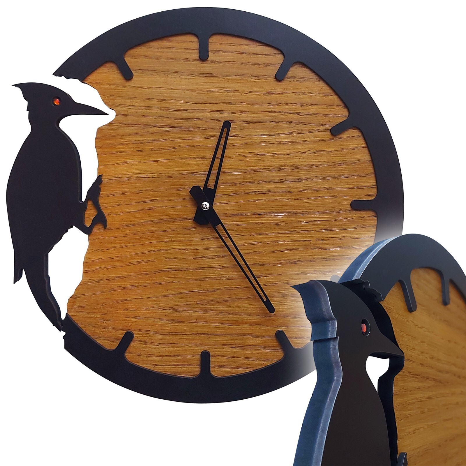 Wooden Woodpecker Wall Clock, Oak Veneer Wood Panel, Living Room Kitchen Decor