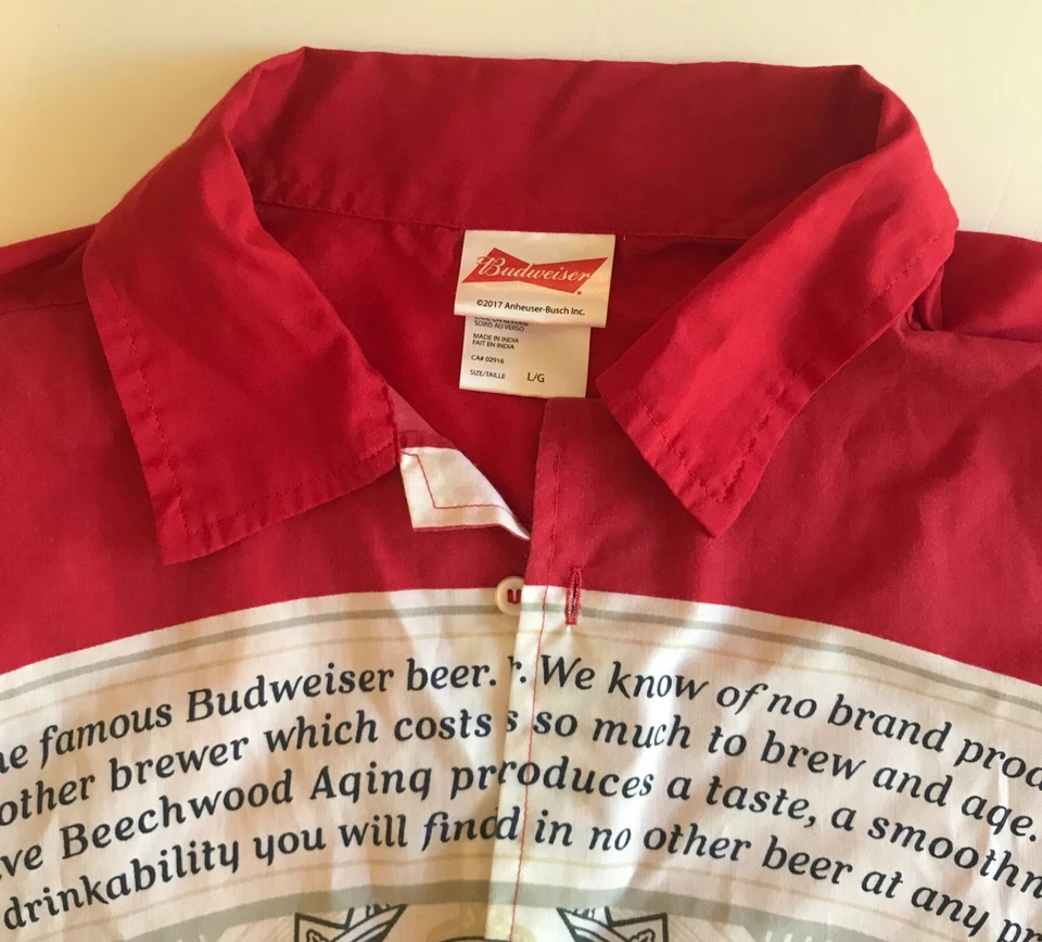 Budweiser Anheuser-Busch Red All Over Print Button-Up Shirt Hawaiian Beer RARE L - Image 3 of 4