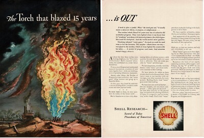 1943 Shell Oil refinery waste gas fire Art by Aaron Bohrod centerfold Vintage Ad