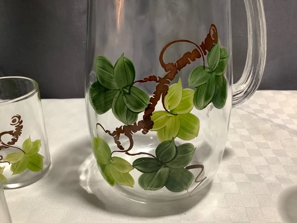 Jarra de jugo vintage pintada a mano labio de hielo y 6 vasos de jugo juego de 4 oz Foto 4 de 4