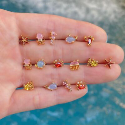 Cute Ocean Creature Rhinestone Crystal Gold Plated Stud Earrings - AUSTOCK