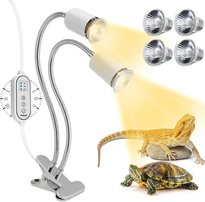 Reptile Heat Lamp, Dual Head Reptile Light with Cycle Timer, Dimmable UVA/UVB Ba