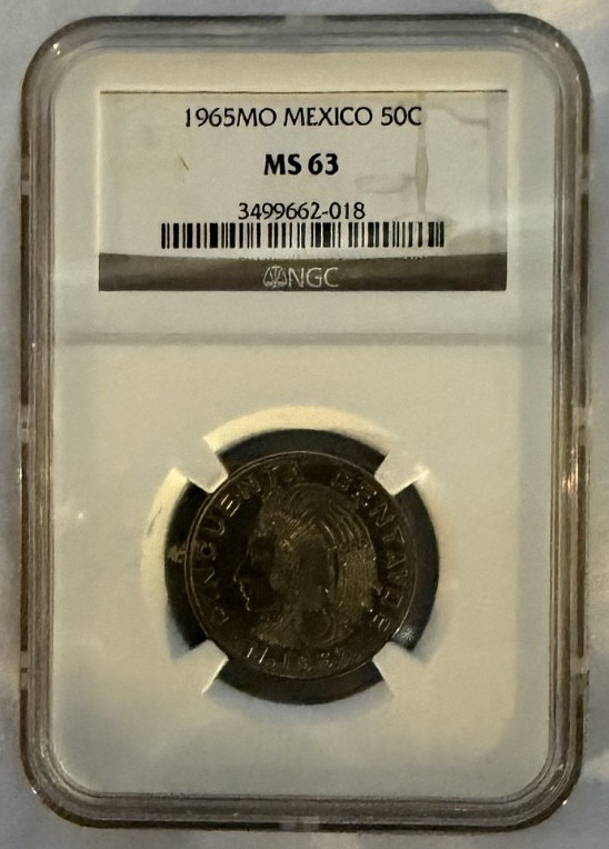 1965MO MEXICO 50C NGC MS 63 GRADED COIN, (018) 032226