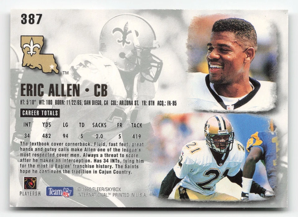 1995 Ultra #387 Eric Allen New Orleans Saints - Image 2 of 2