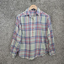 Chaps Top Womens PM Petite Medium Blue Plaid Popover Blouse Casual Ladies