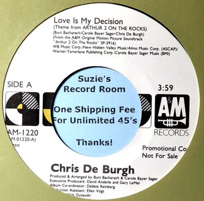 Chris De Burgh Love is My Decision DJ Promo 80s Rock EX/VG+ 45 7'' Vinyl -COUPONS