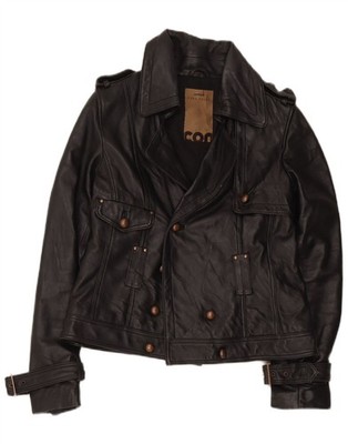 Conbipel Womens Double Breasted Leather Jacket UK 12 Medium Black Leather EB01