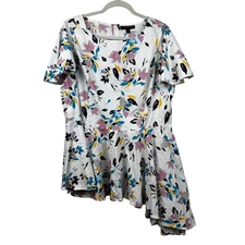 Lane Bryant Blouse Top Flutter Sleeve Floral Asymmetrical White Blue 14 Fairy