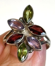 Size 9.5 Colorful Multi Gemstone Flower Ring 4.6g Sterling Silver Marked 925