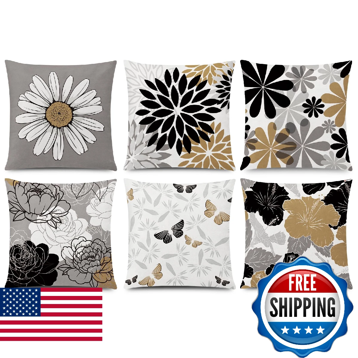 COMMINY Brown Black Pillow Covers 18x18 Set of 6 - Daisy Flower Throw Pillow Cas