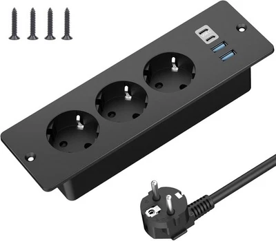 SUDEERY Tischplatte Steckdose mit USB C, 3 Fach Einbausteckdose mit 2m Kabel,