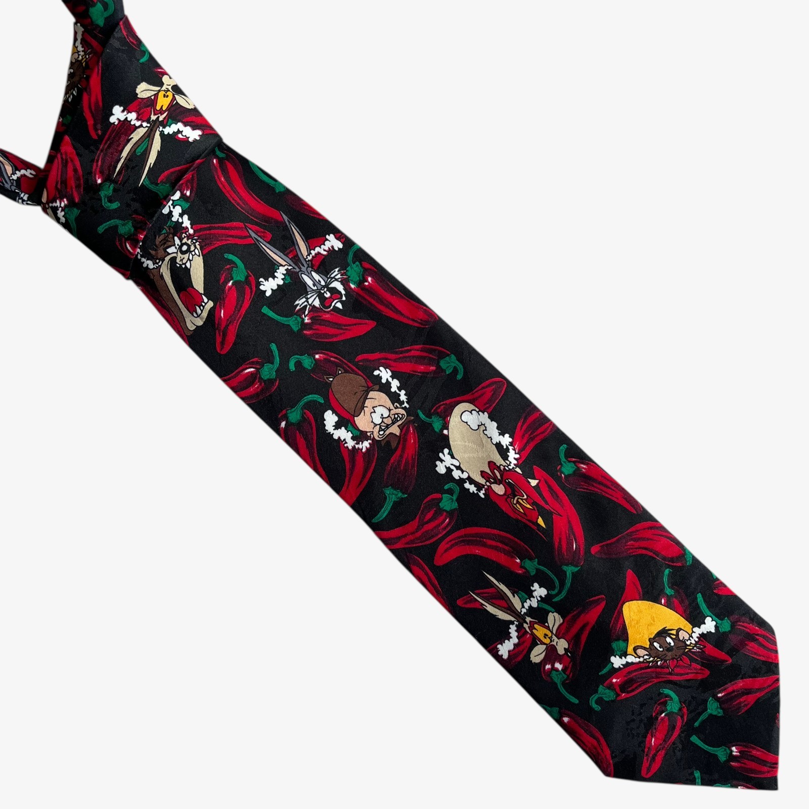 Vintage 90s Looney Tunes Mania 1996 Chilli Pepper Print Black Polyester Tie