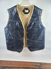 Vtg 70s Super Mex Black Leather Vest Sherpa Lined Western Size Large Chest 22.5