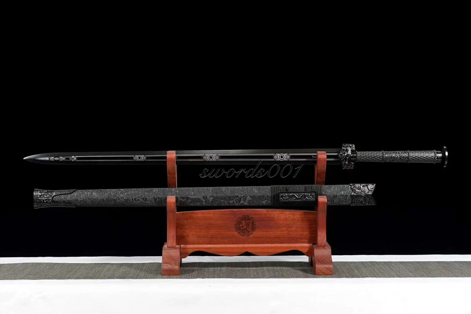 41'' All Black Chinese Jian Double Edged Dragon Sword 1095 Carbon Steel Blade - Image 4 of 4