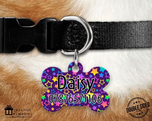 Personalisiertes Haustier-Tag - Ausweis-Tag - Hunde-Tag - Knochen-Tag - Regenbogen-Sterne lila - Bild 1 von 1